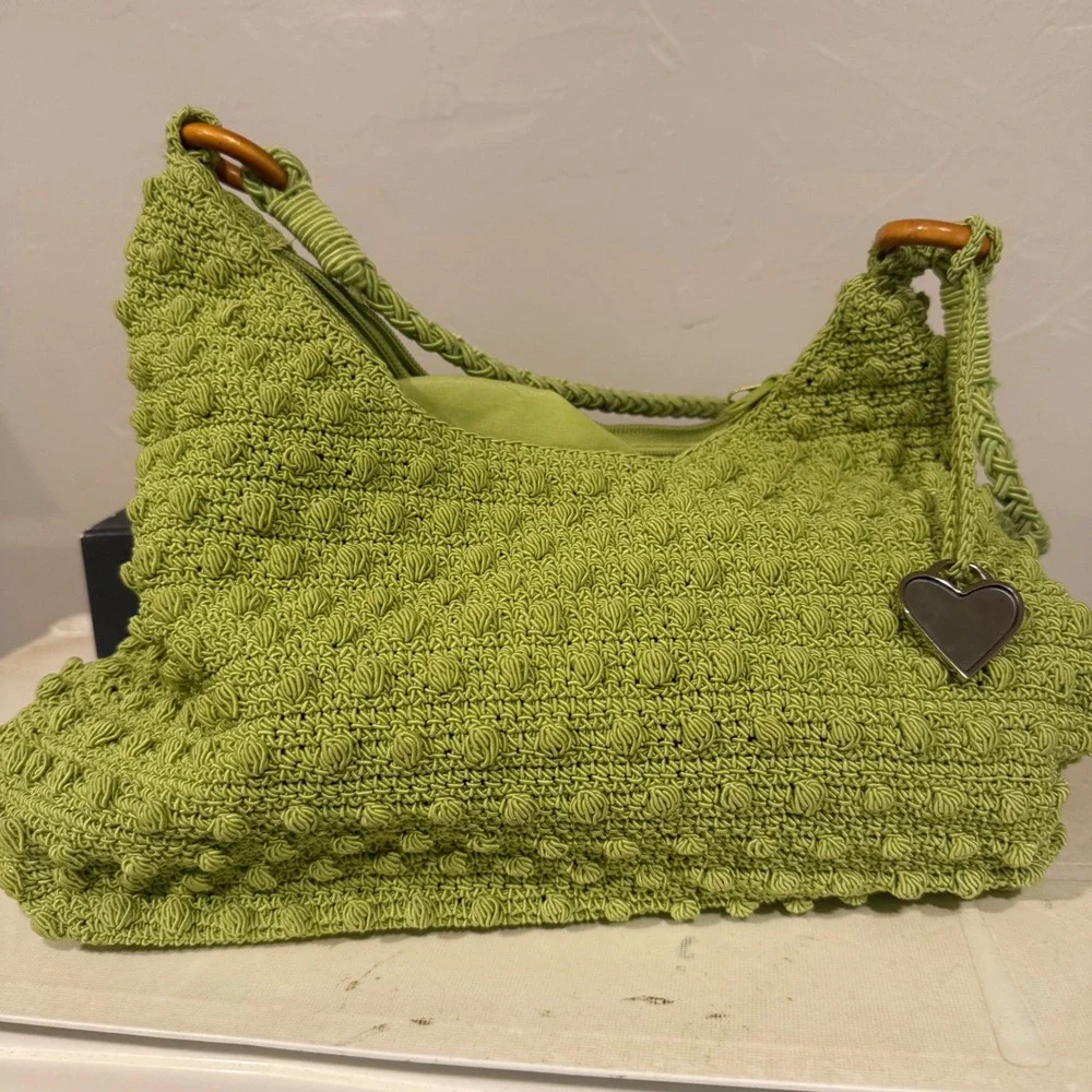 Unbranded Crochet Hobo Bag Womens Medium Lime Green Good Boho Popcorn Knit Heart